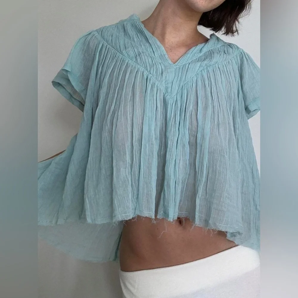 Free People Women's Shirt medium Elegant Blue Women's Top. Runs oversized A55 - Picture 2 of 7